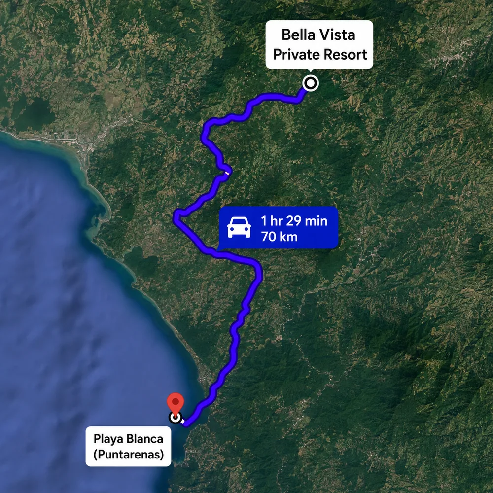 Driving route from Bella Vista Private Resort to Playa Blanca (Puntarenas)