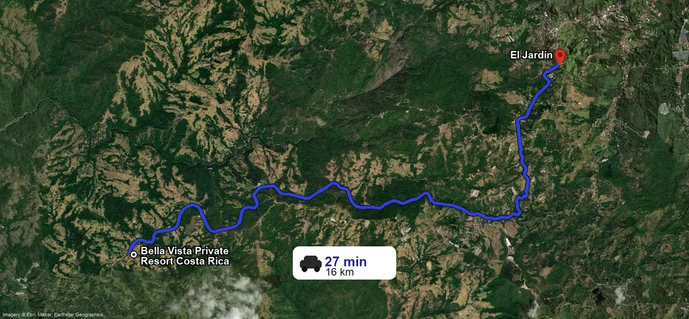 Driving route from Bella Vista Private Resort to Butterfly Farm behind El Jardín, San Ramón