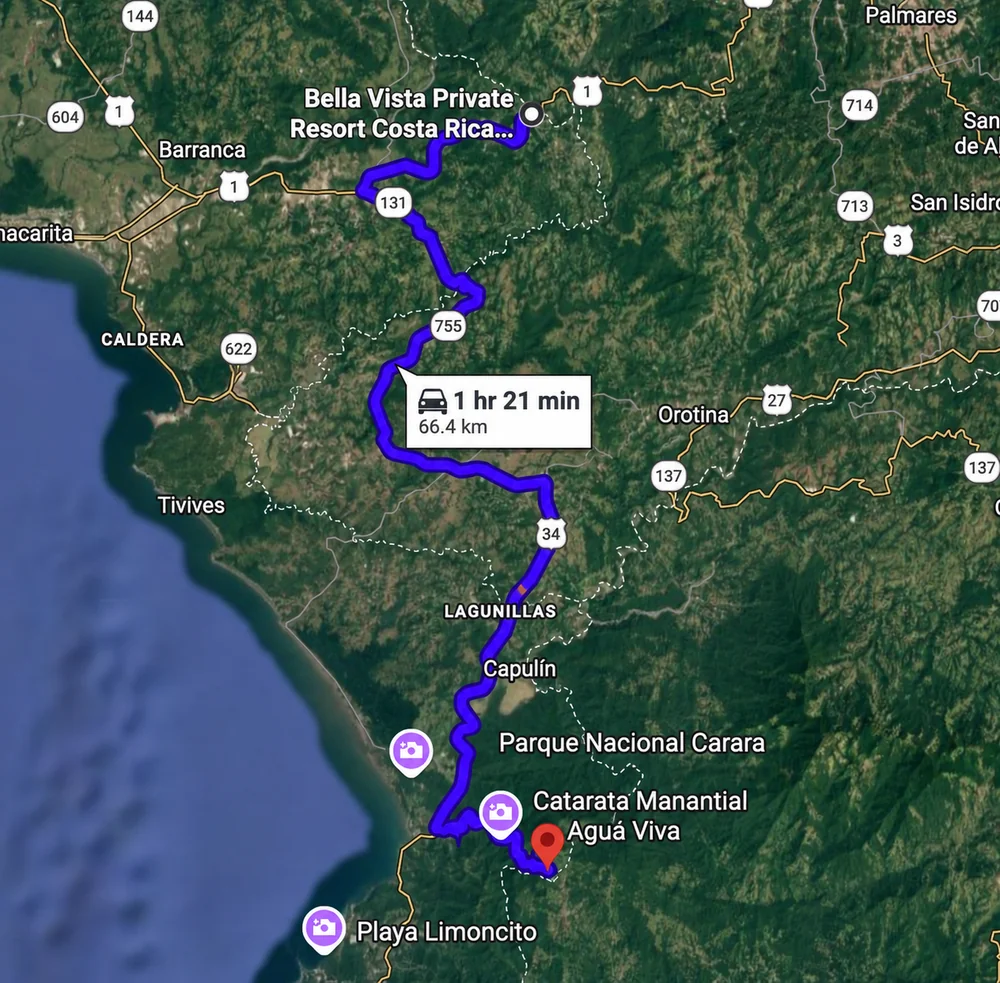 Driving route from Bella Vista Private Resort to Catarata Bijagual