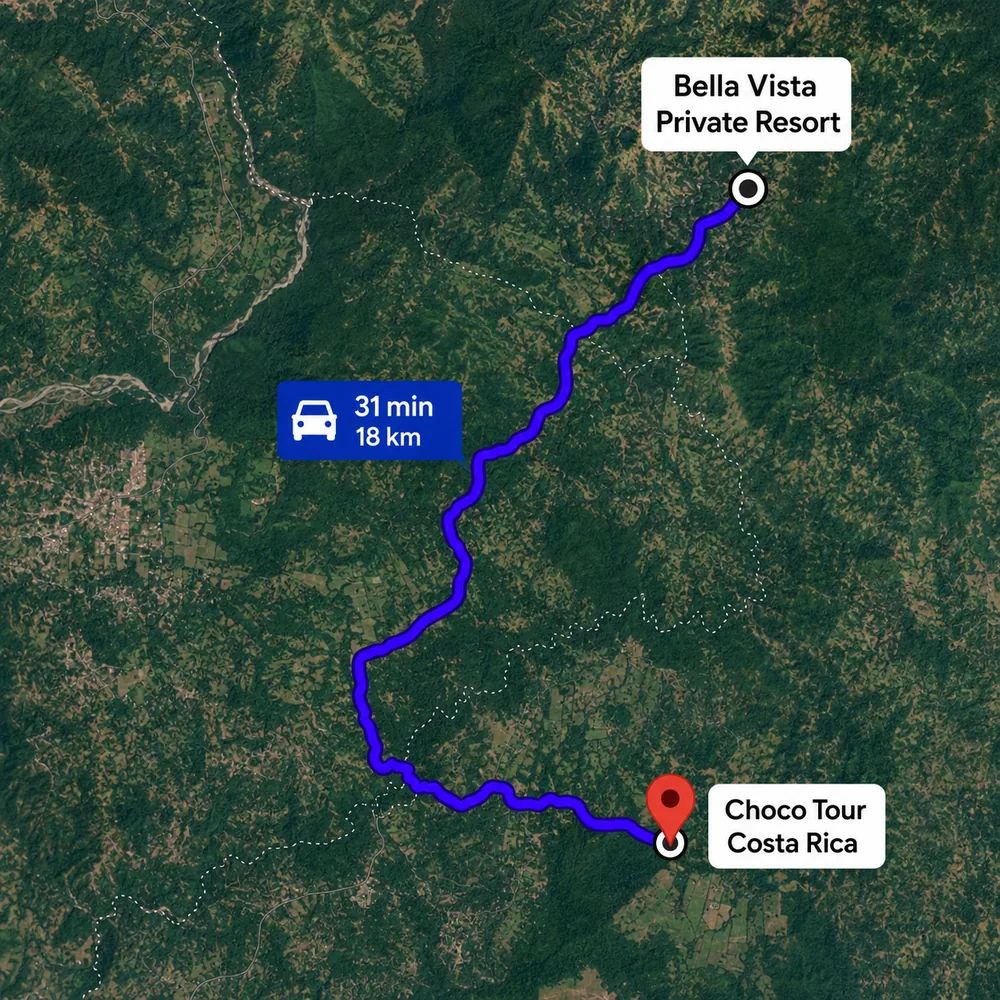 Driving route from Bella Vista Private Resort to Choco Tour Costa Rica