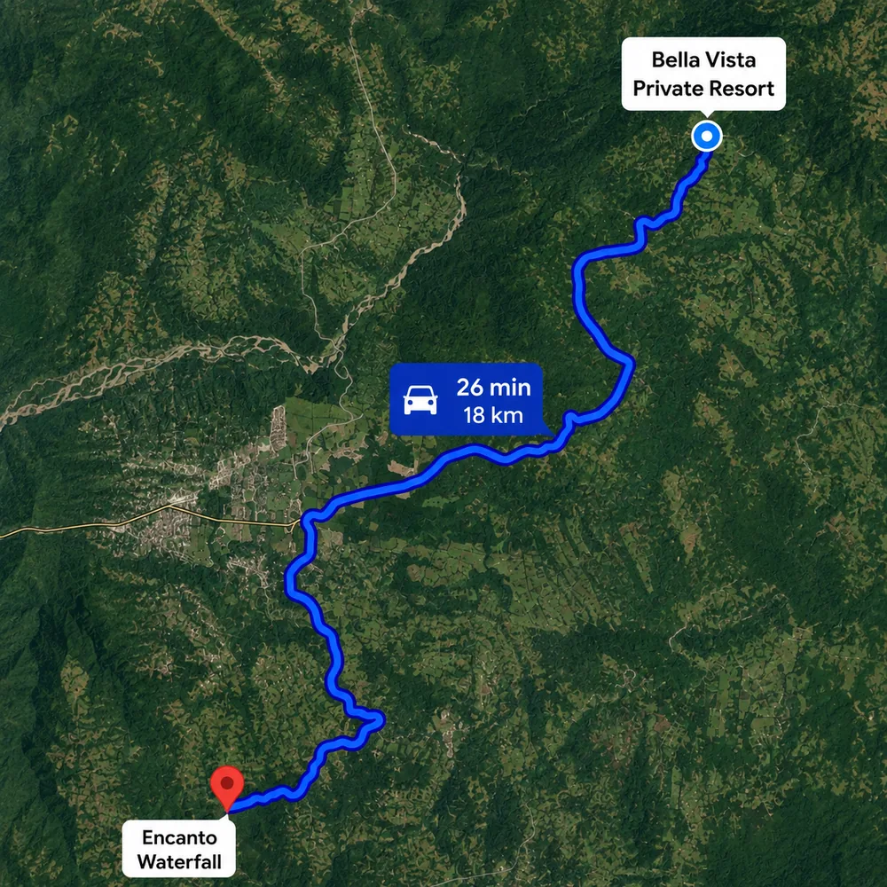 Driving route from Bella Vista Private Resort to El Encanto Waterfall