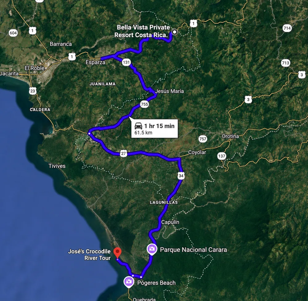 Driving route from Bella Vista Private Resort to José's Crocodile River Tour (Tárcoles)