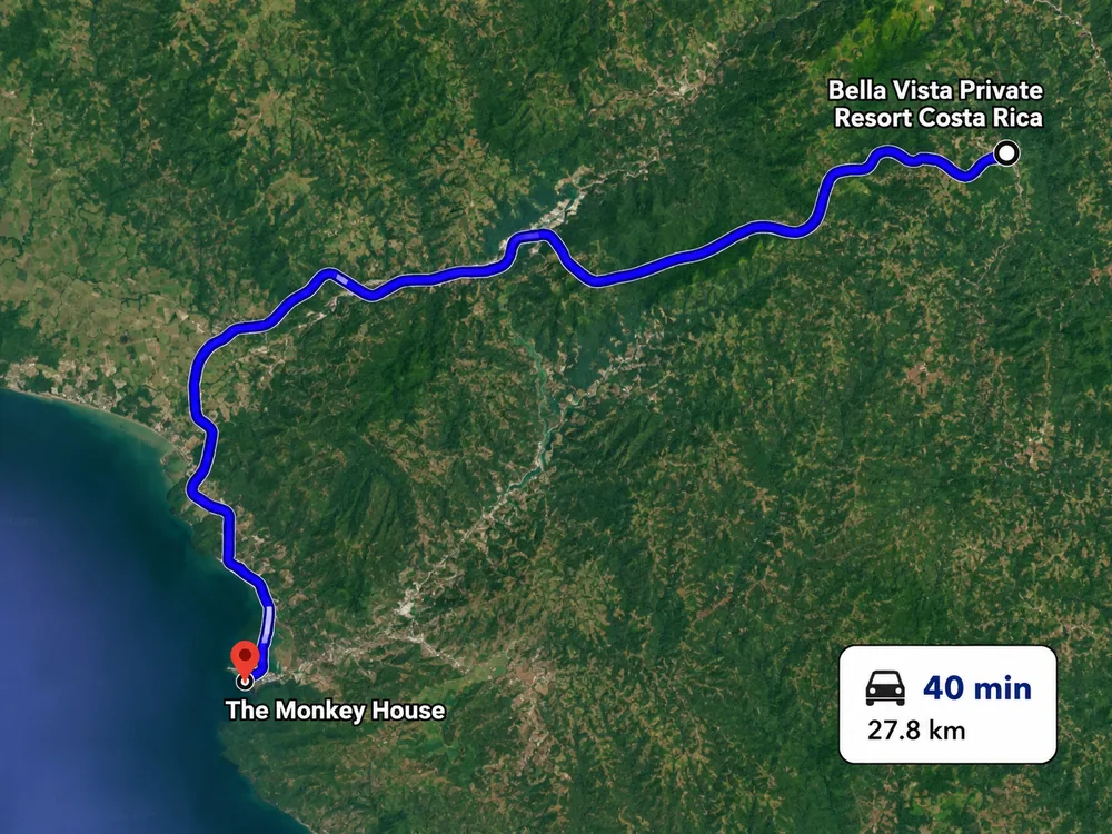 Driving route from Bella Vista Private Resort to The Monkey House (near Playa Caldera)