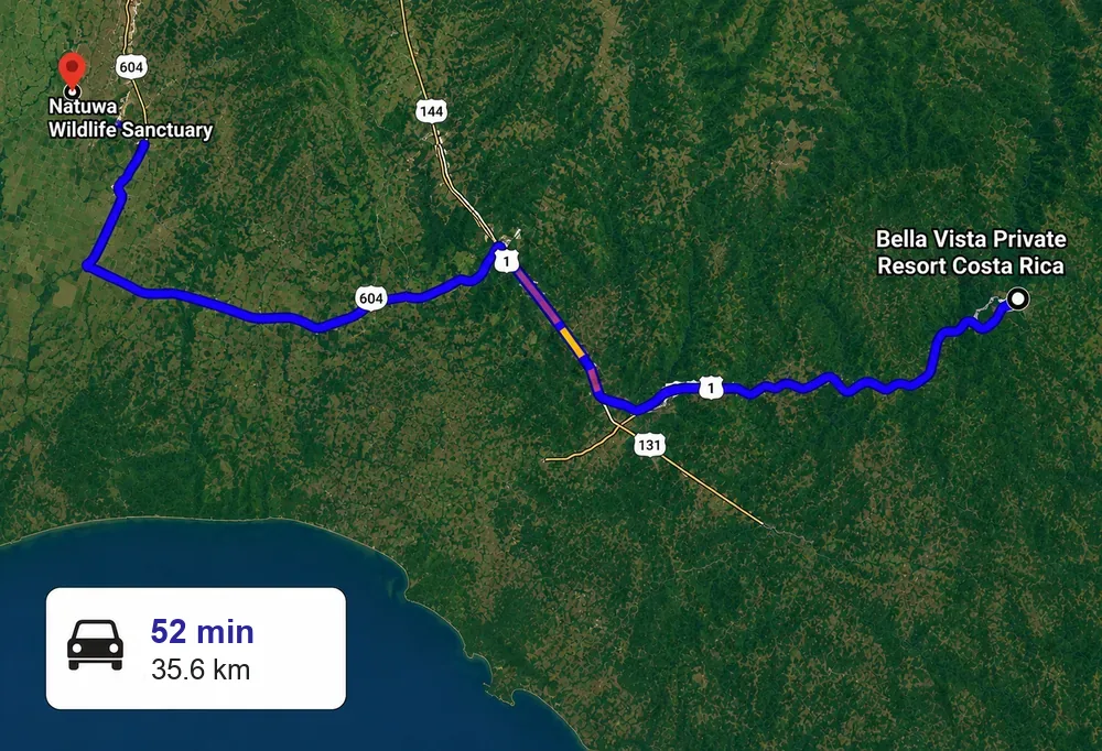 Driving route from Bella Vista Private Resort to NATUWA Wildlife Sanctuary