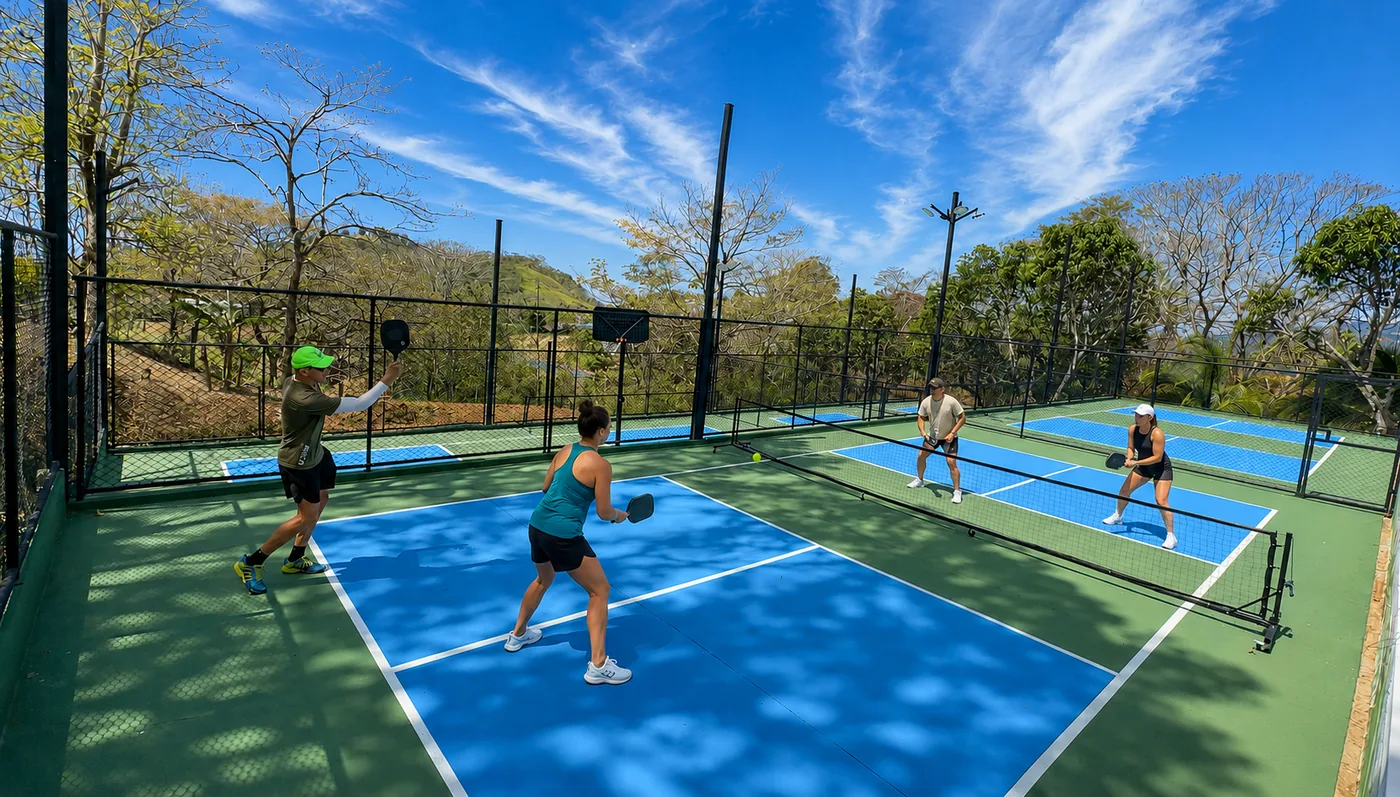 A group playing doubles pickleball with mountain views at Bella Vista Private Resort