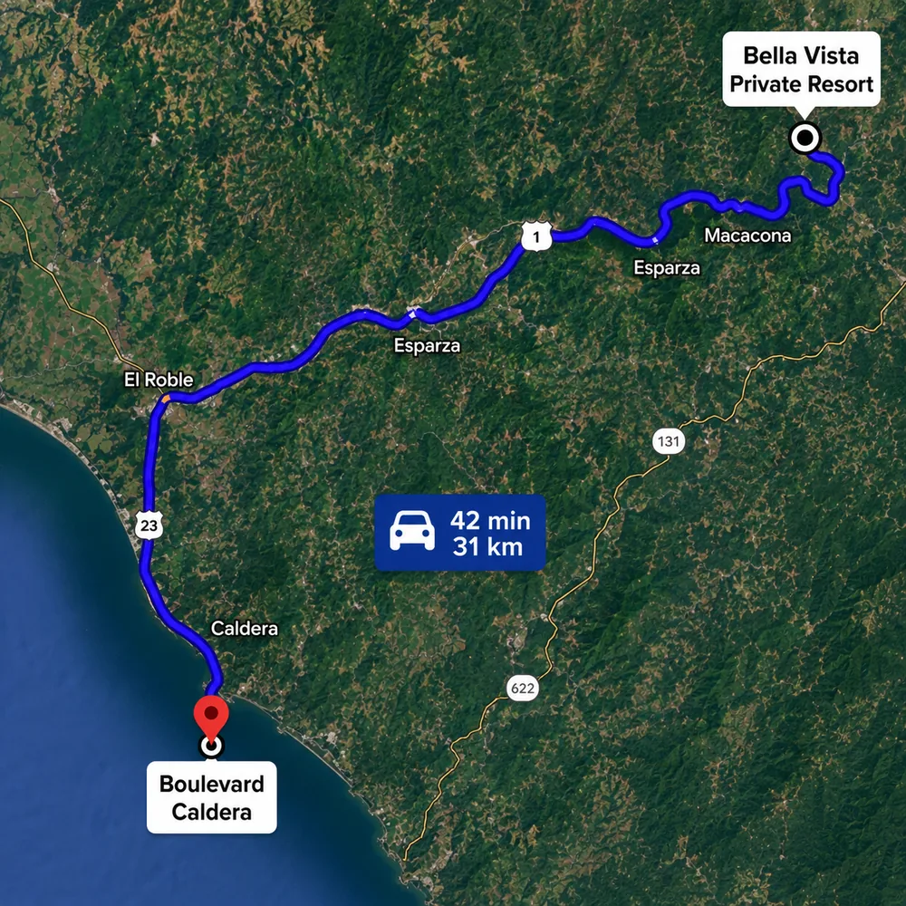 Driving route from Bella Vista Private Resort to Playa Caldera