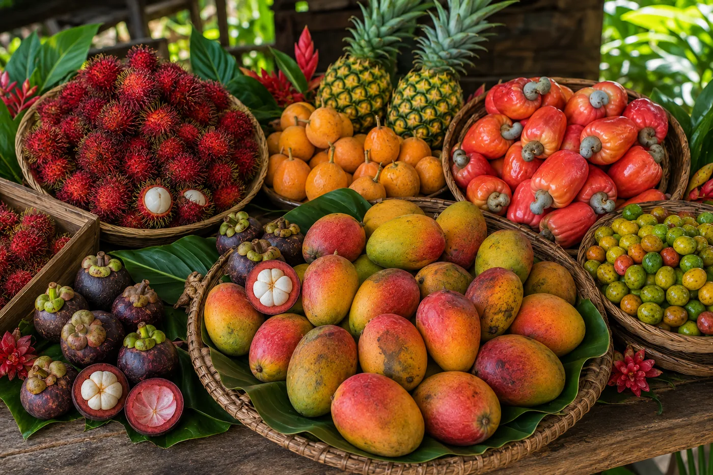A colorful spread of Costa Rican rainy-season fruit — rambutan (mamón chino), mangosteen, mangoes, pineapple, cashew apples, and jocote — in woven baskets
