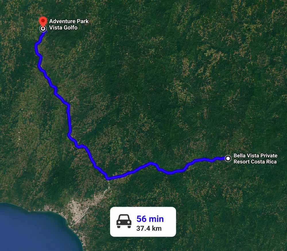 Driving route from Bella Vista Private Resort to Adventure Park Vista Golfo