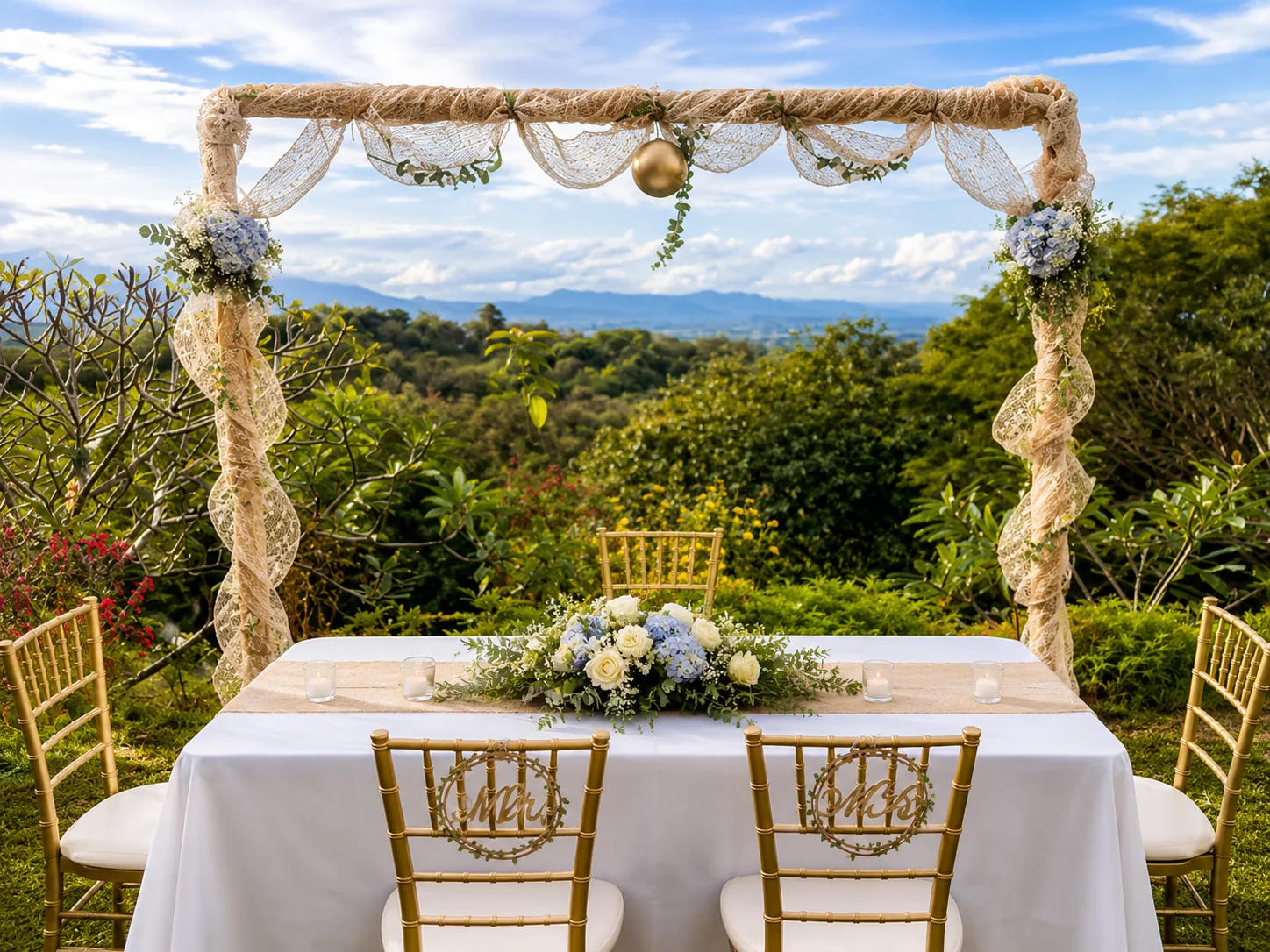Wedding ceremony arch and sweetheart table overlooking the mountain valley at Bella Vista Costa Rica